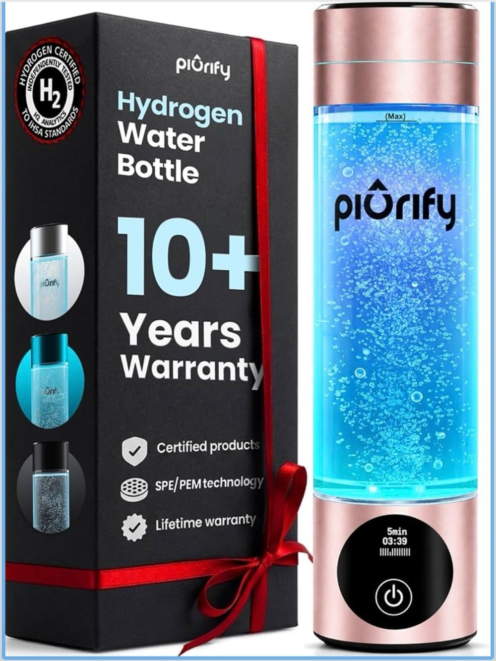 PIURIFY Hydrogen Water Bottle Generator | 6300+ PPB | USA Certified